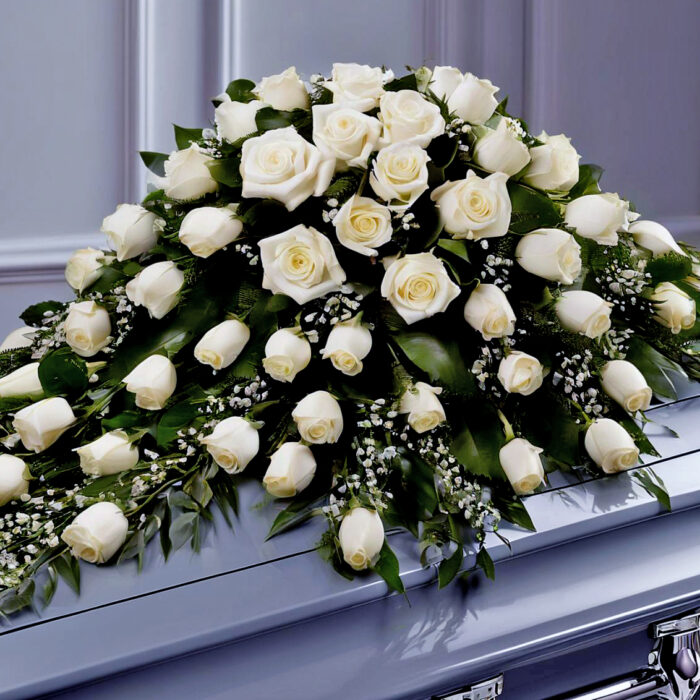 White roses casket spray