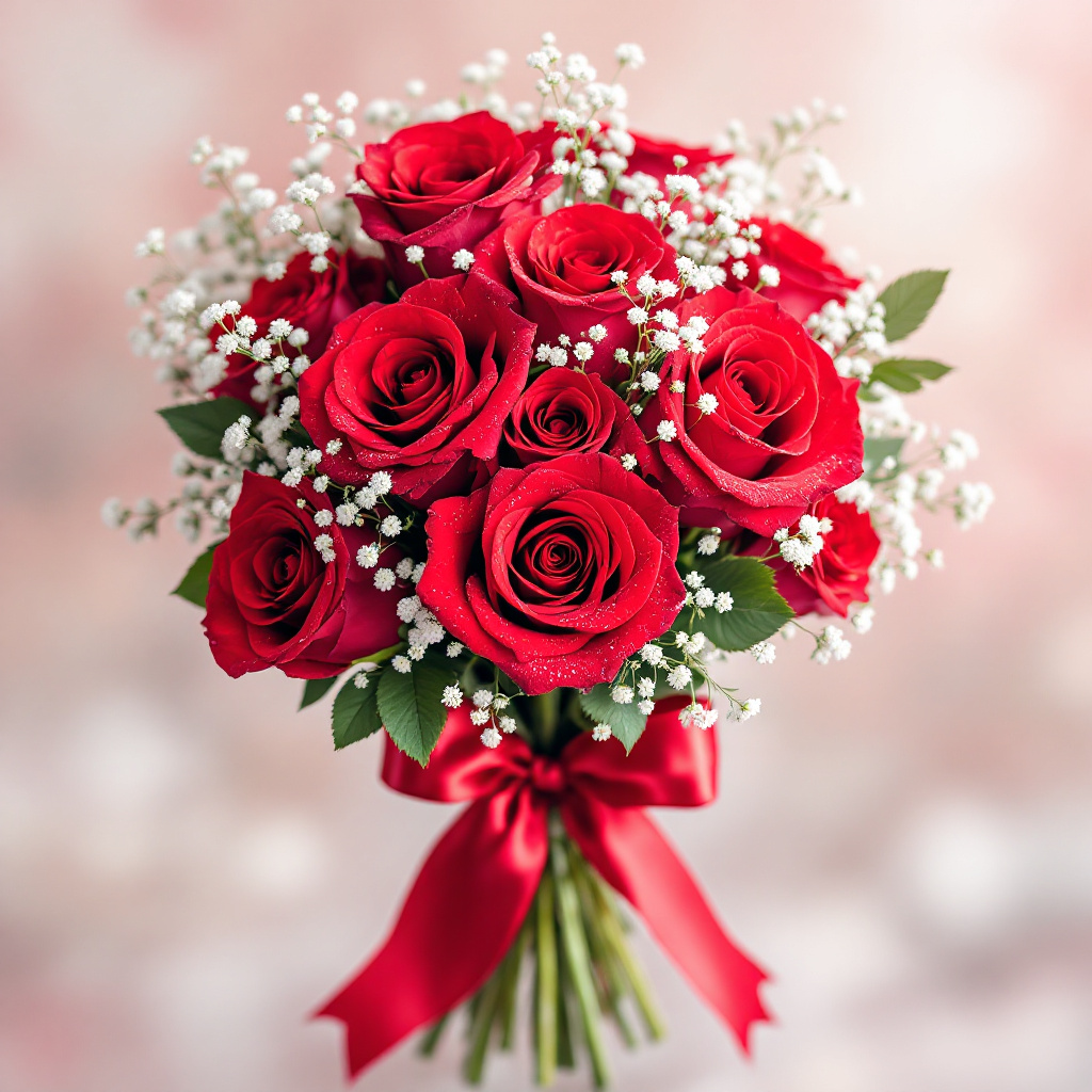 A romantic bouquet of red roses arranged elegantly with