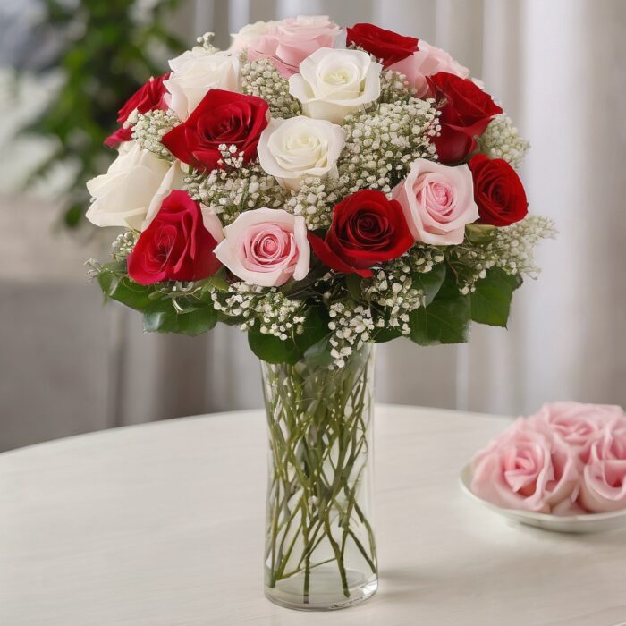 White pink and red roses