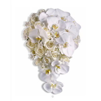 This lovely bouquet is the epitome of elegance, featuring graceful orchids, fragrant stephanotis and classic white roses. Beautiful white orchids, roses and stephanotis