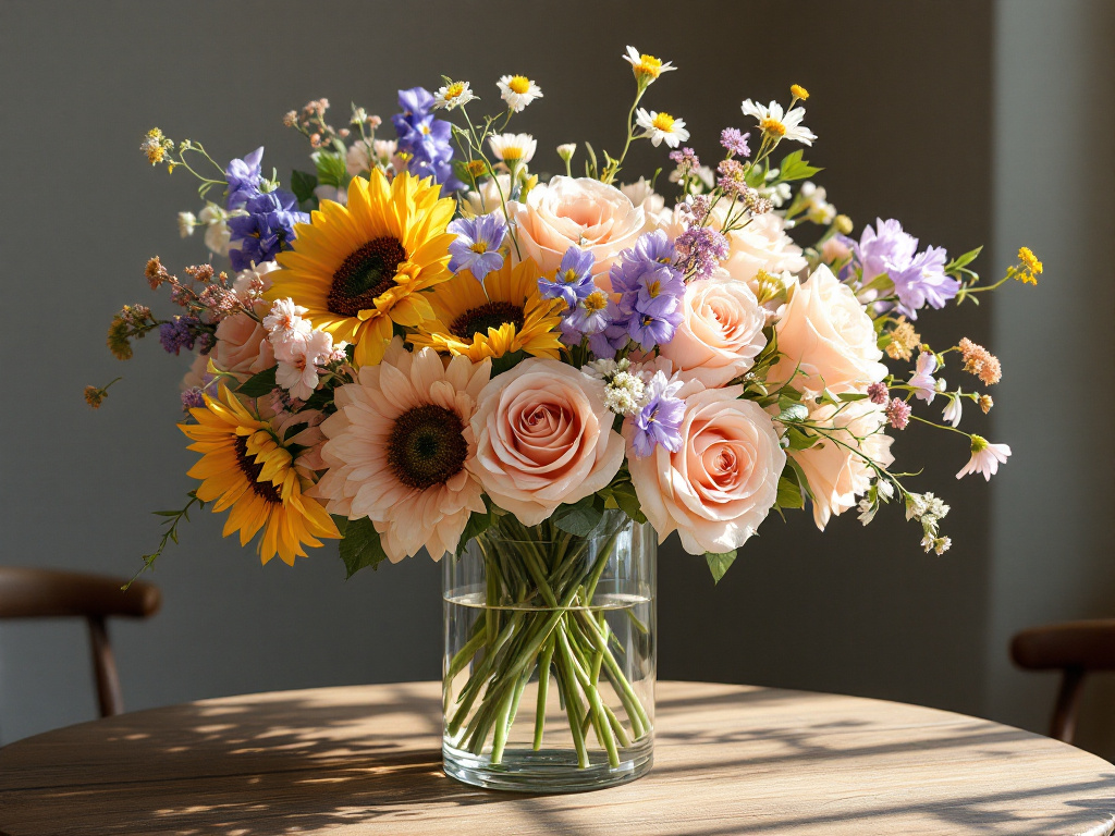 Wildflowers and roses in flower arrangement
