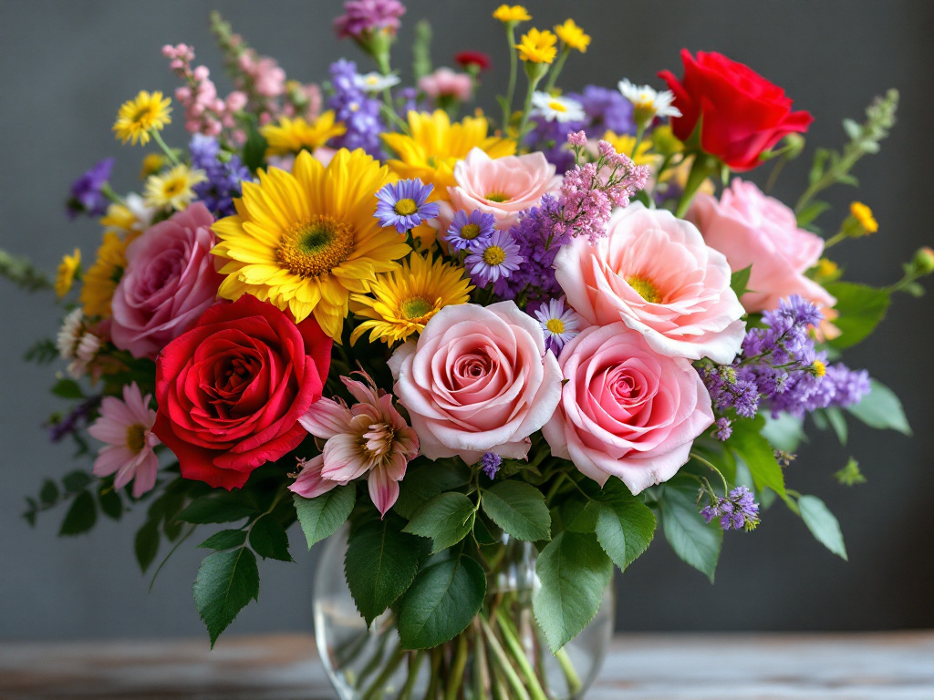 Wildflowers and roses in flower arrangement