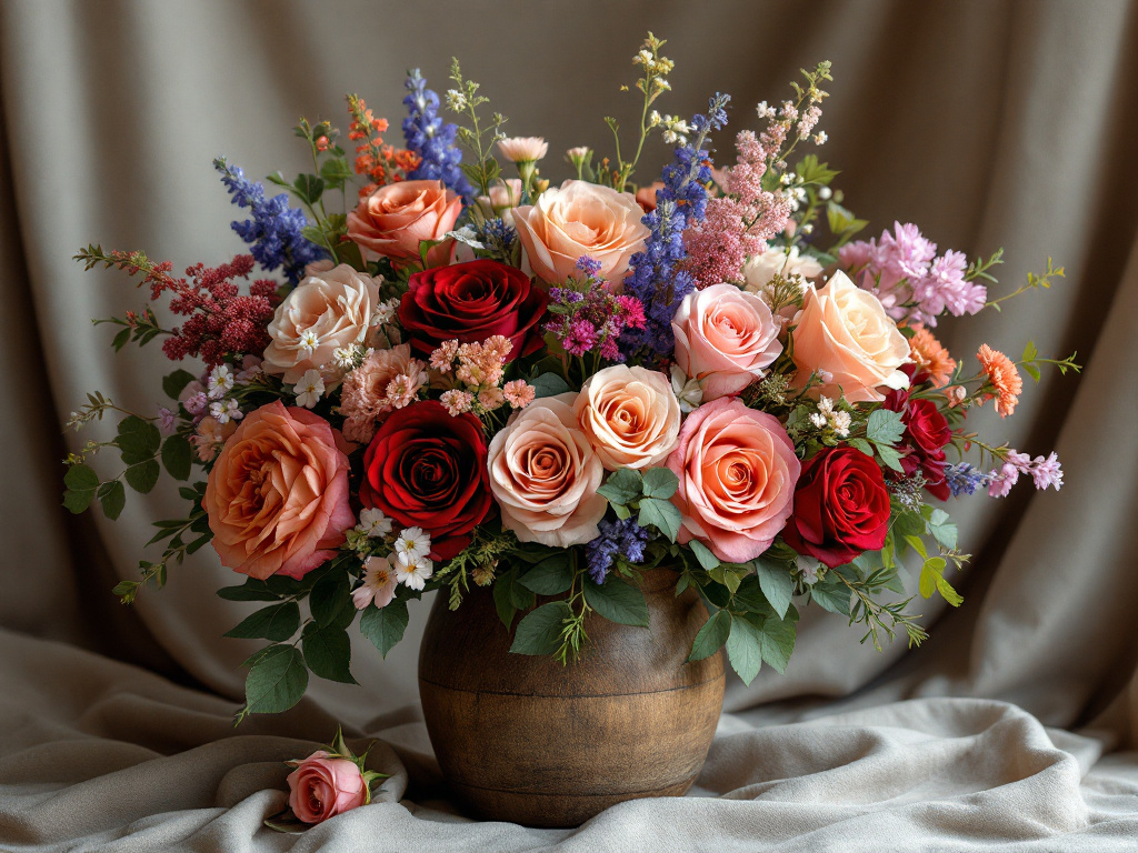Wildflowers and roses in flower arrangement