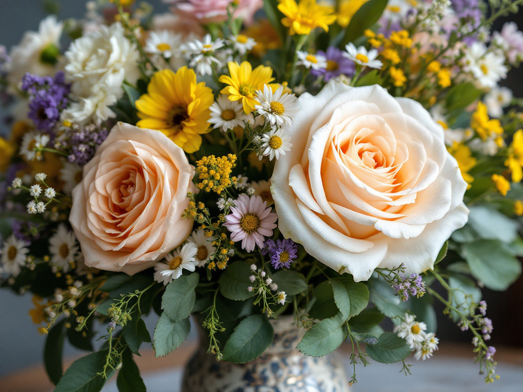 Wildflowers and roses in flower arrangement