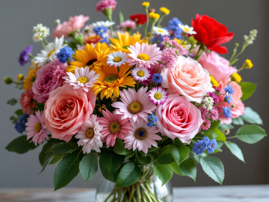 Wildflowers and roses in flower arrangement