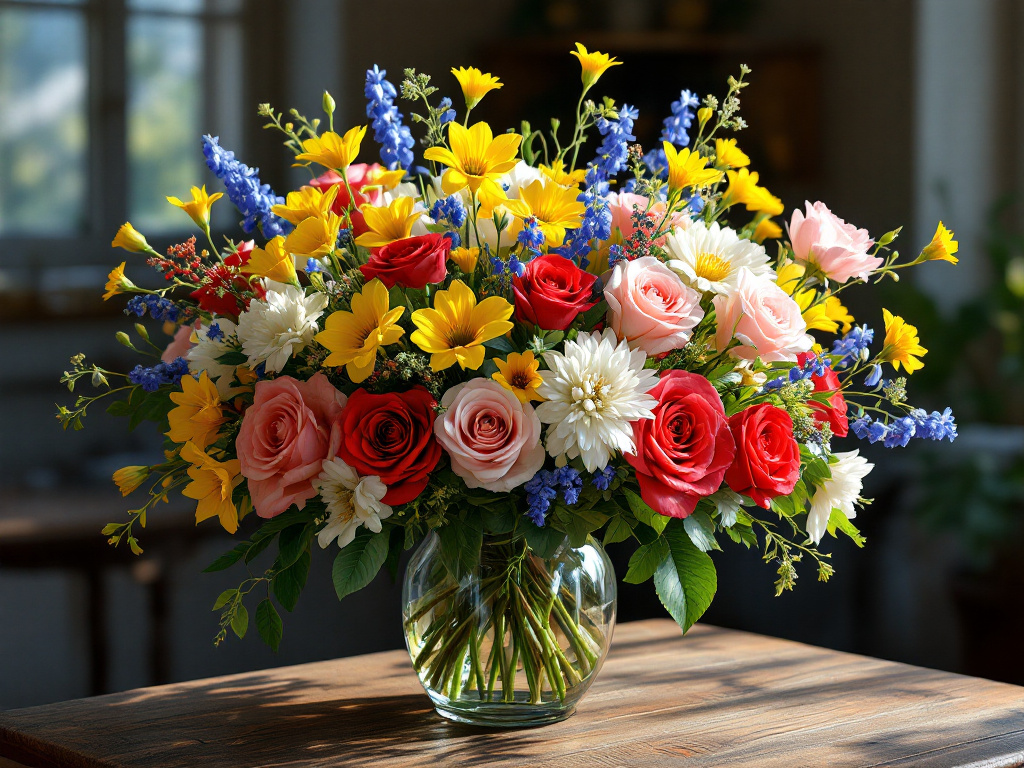 Wildflowers and roses in flower arrangement