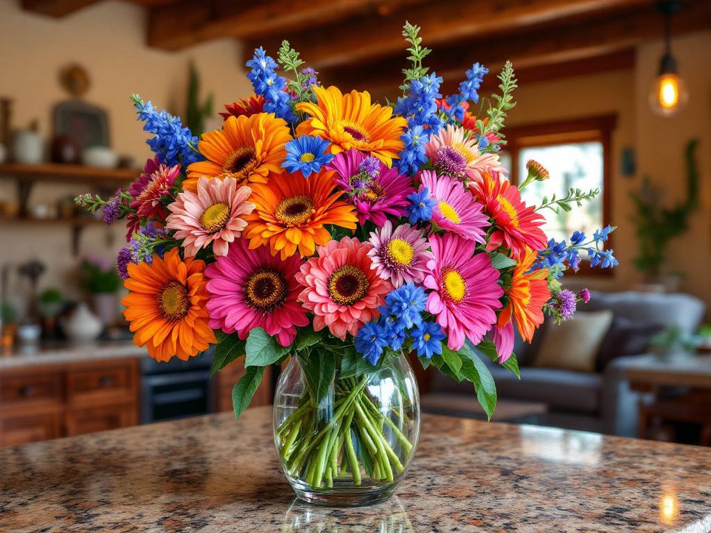 zinnias, echinacea, and blue salvia