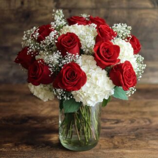 12 red roses and white hydrangea
